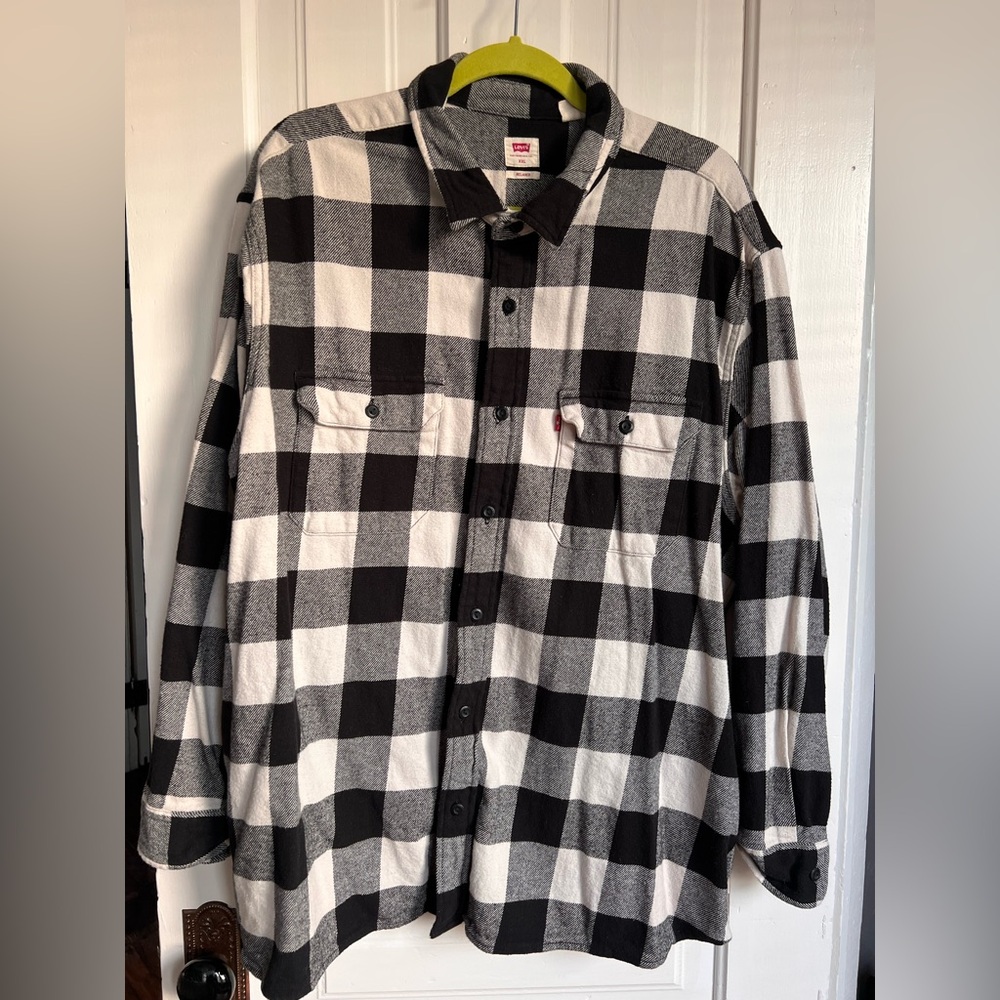 Levi’s Flannel Shirt Mens XXL Black White The Worker Relaxed Fit Plaid - Picture 2 of 6
